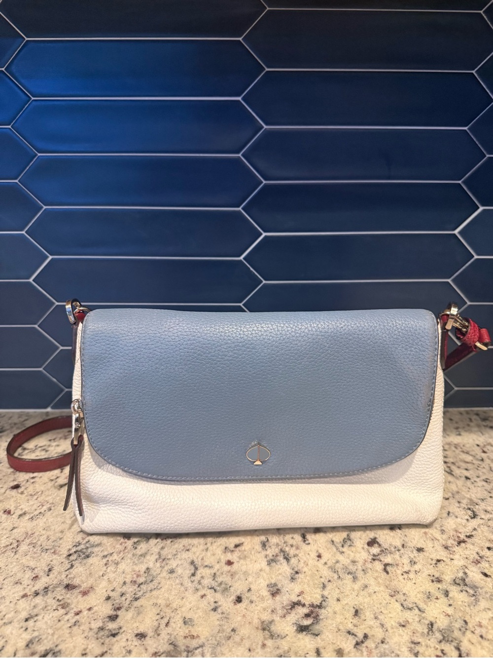 kate spade Two-Tone Leather Crossbody in Light Blue, White and Red Strap